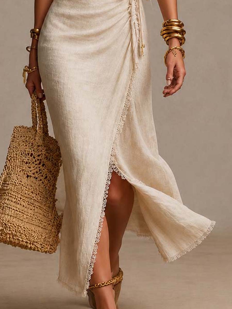 Teresa™ | Vestido midi de linho natural com decote em V, franzidos e borda rendada