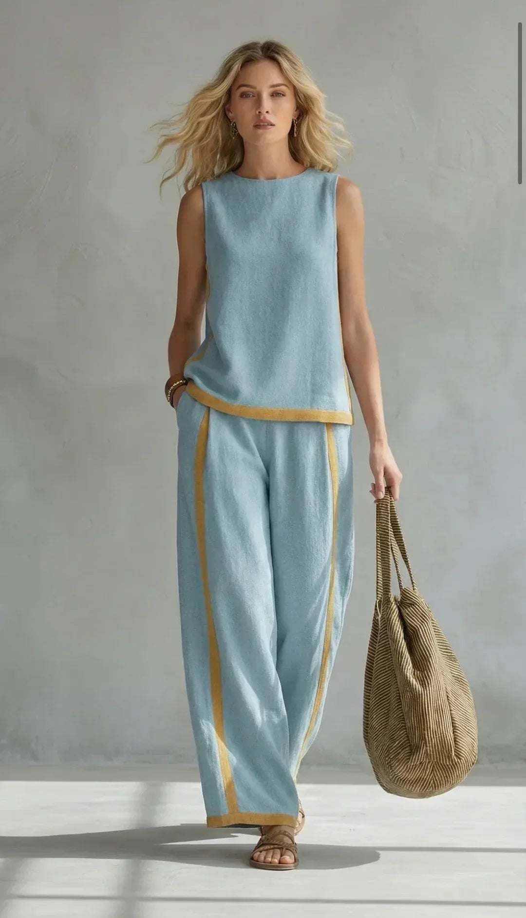 Margarida – Conjunto de colete e calças chic-descontraído com acabamentos bicolores
