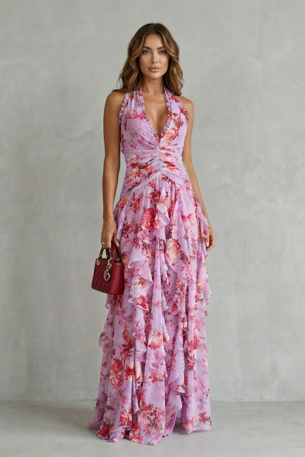 Bárbara | Romântica Cascata de Rosas Vestido Longo com Decote Americano