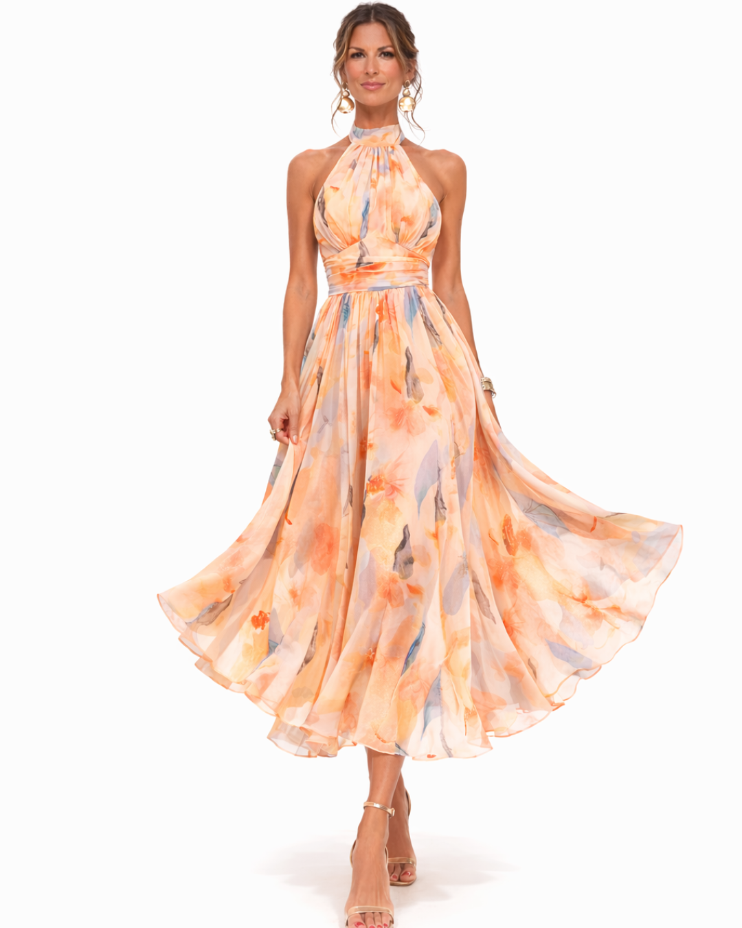 Camila | Vestido com Decote Halter e Estampa Aquarela