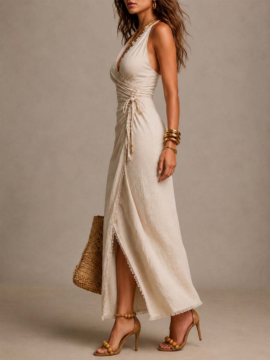 Teresa™ | Vestido midi de linho natural com decote em V, franzidos e borda rendada