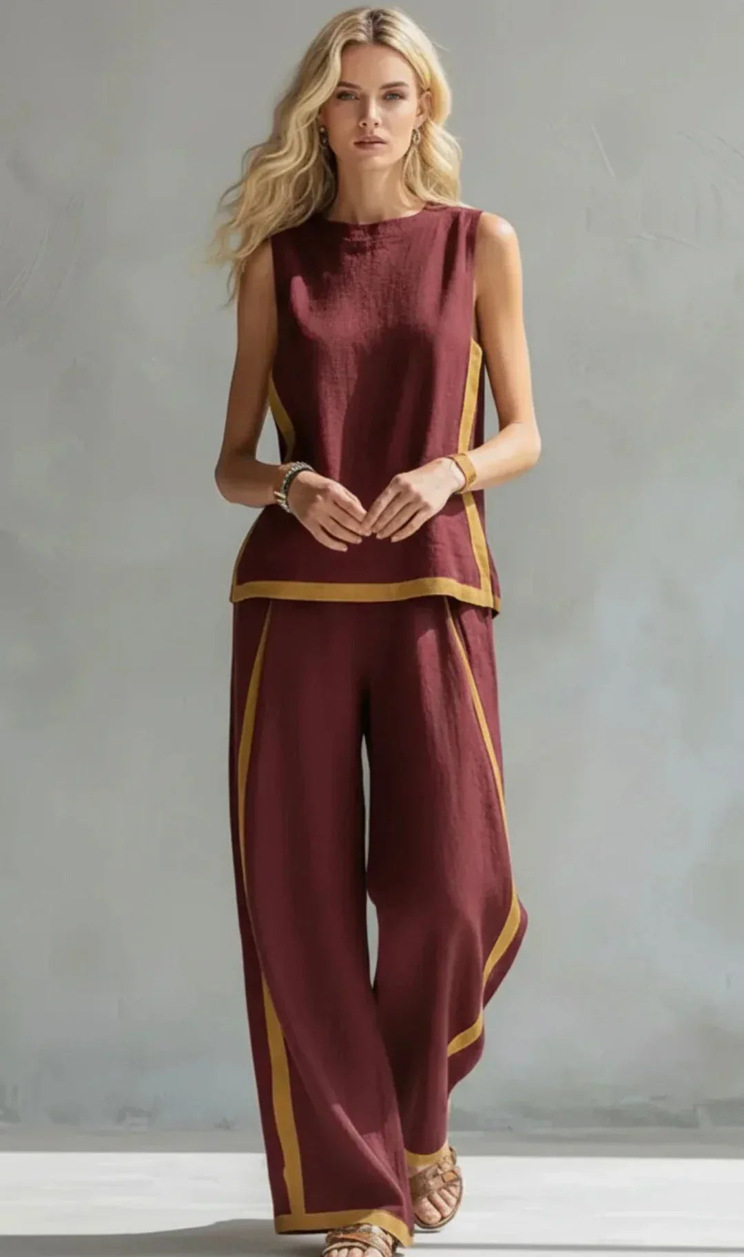 Margarida – Conjunto de colete e calças chic-descontraído com acabamentos bicolores