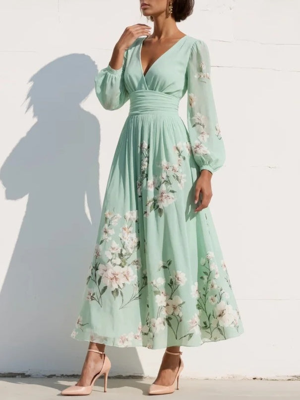 Constança | Vestido midi verde claro floral