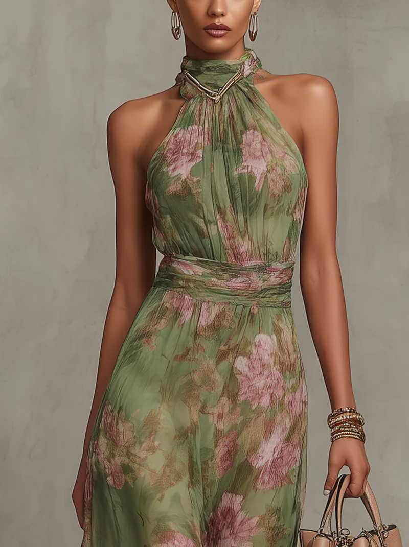Bruna | Vestido Maxi Halter Floral Elegante