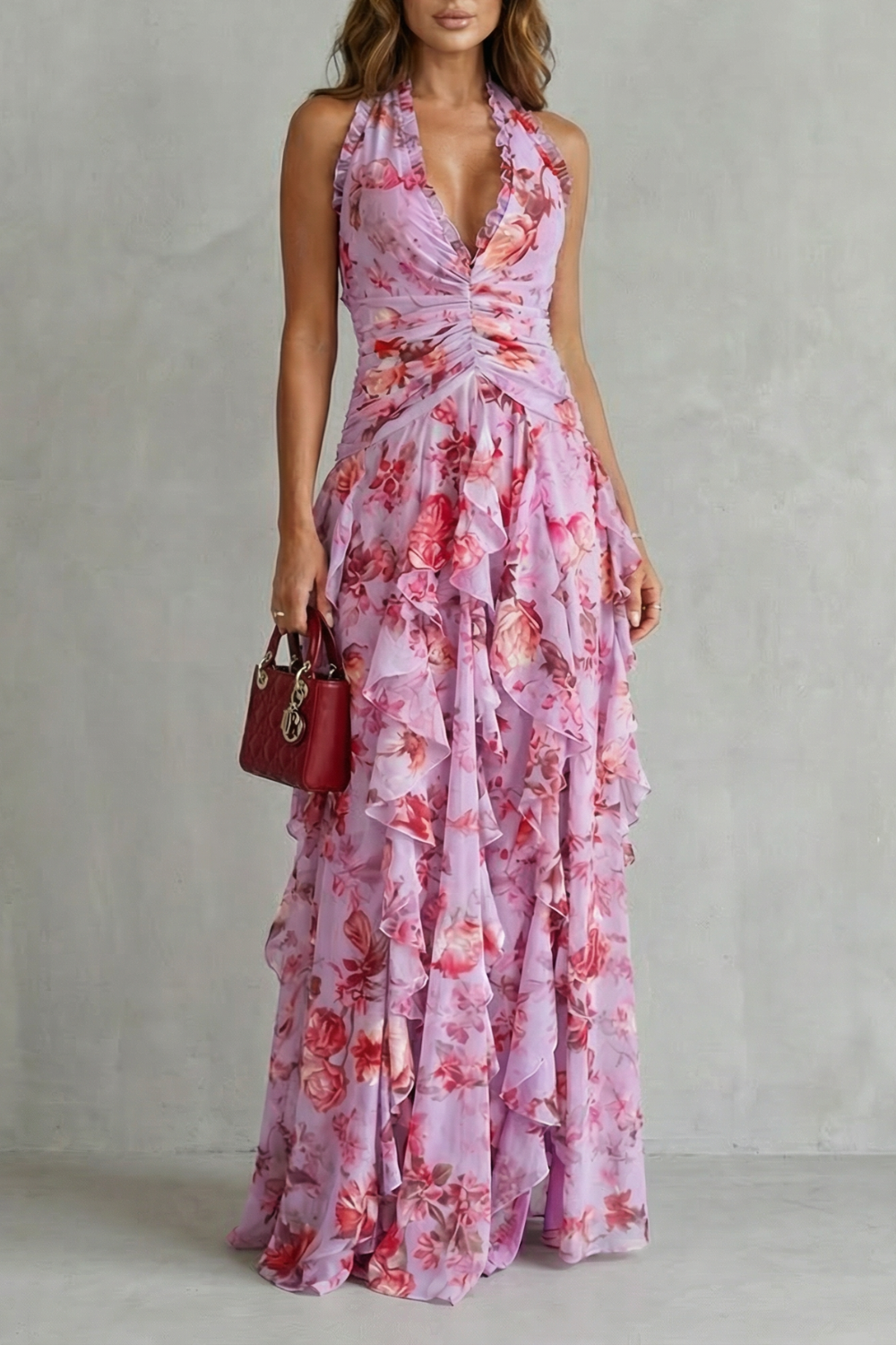 Bárbara | Romântica Cascata de Rosas Vestido Longo com Decote Americano