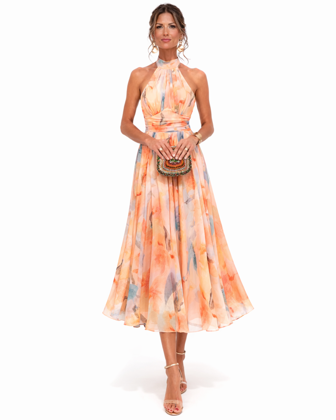 Camila | Vestido com Decote Halter e Estampa Aquarela