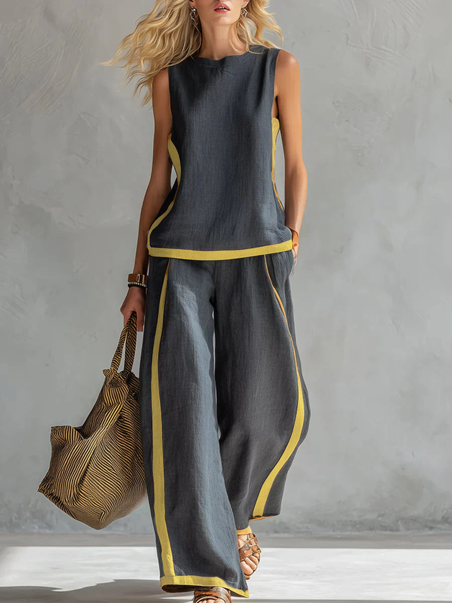 Margarida – Conjunto de colete e calças chic-descontraído com acabamentos bicolores