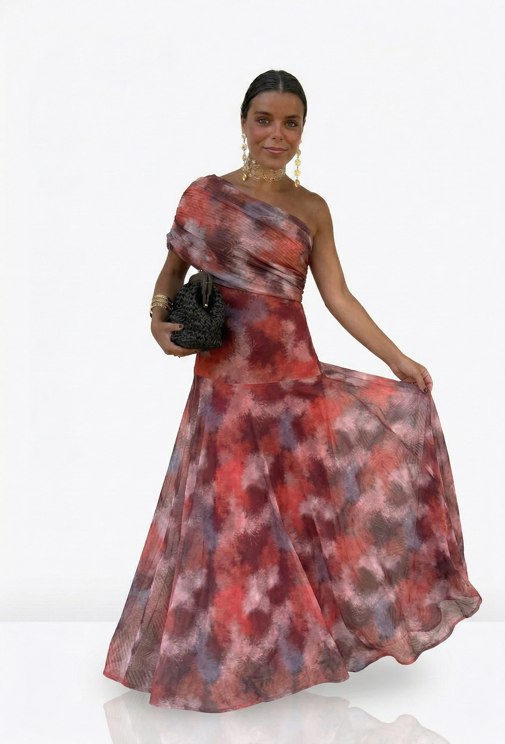 Catarina | Vestido Maxi Assimétrico com Estampado Abstrato