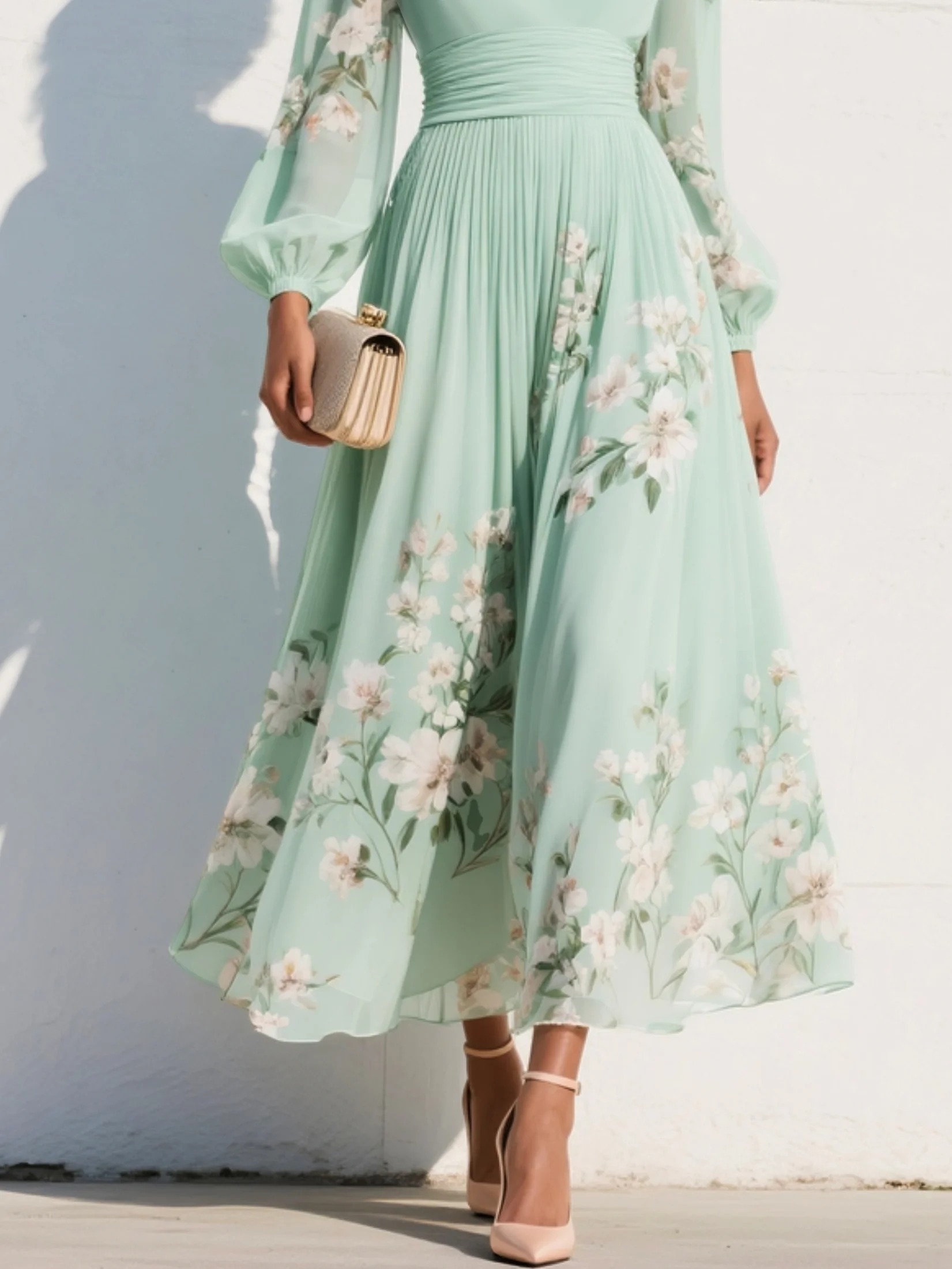 Constança | Vestido midi verde claro floral