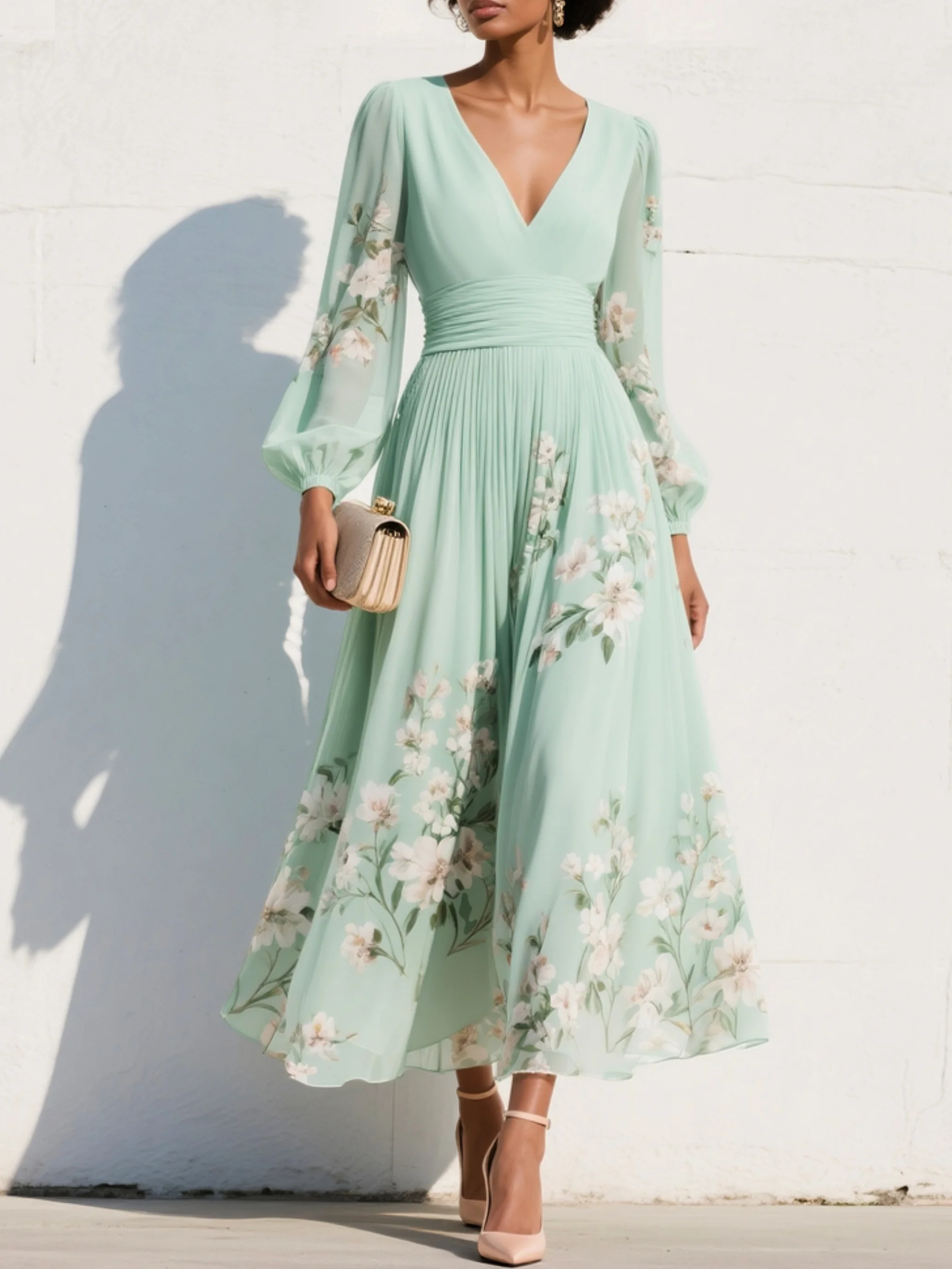 Constança | Vestido midi verde claro floral