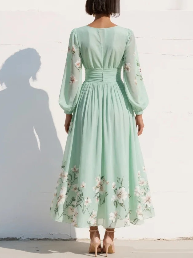 Constança | Vestido midi verde claro floral