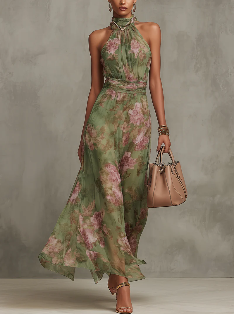 Bruna | Vestido Maxi Halter Floral Elegante