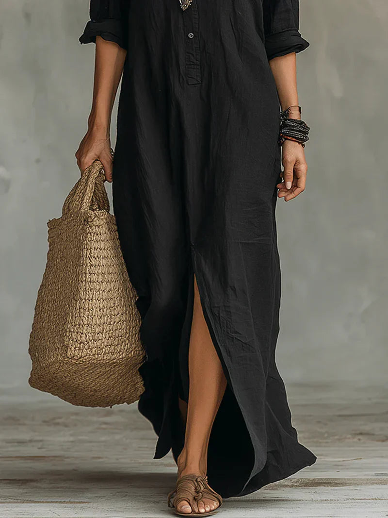Constança | Vestido Maxi Preto Largo com Botões