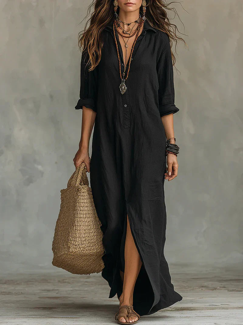 Constança | Vestido Maxi Preto Largo com Botões