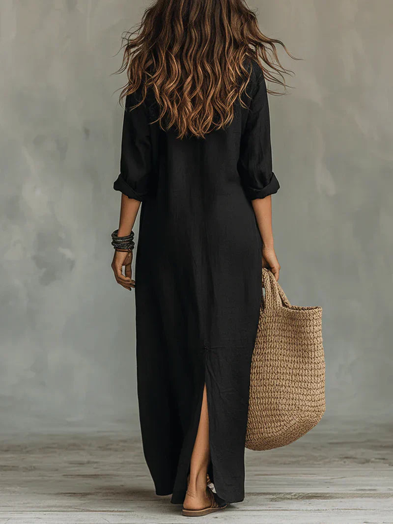 Constança | Vestido Maxi Preto Largo com Botões