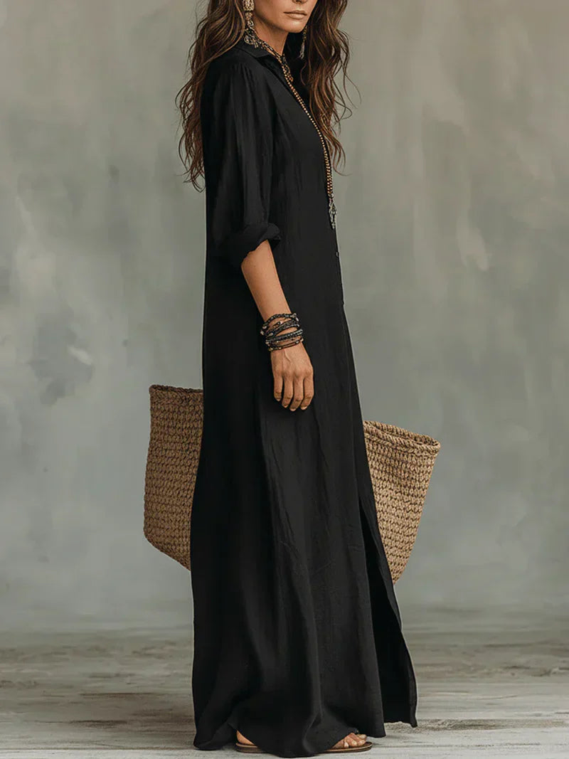 Constança | Vestido Maxi Preto Largo com Botões