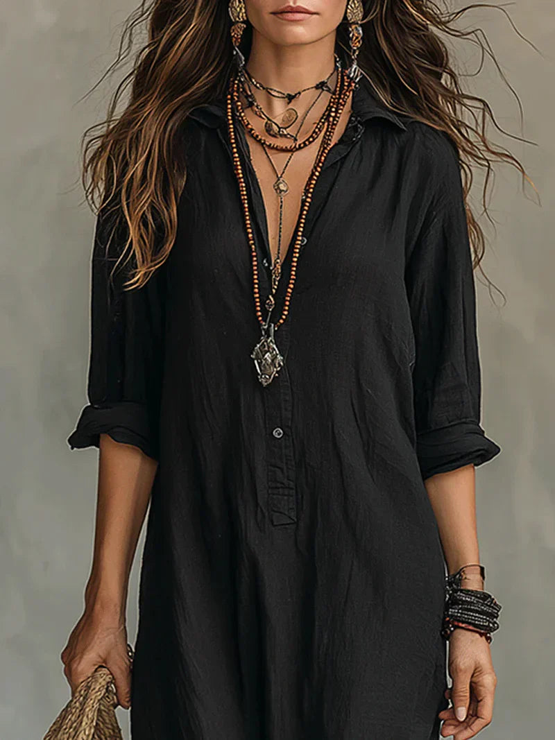 Constança | Vestido Maxi Preto Largo com Botões