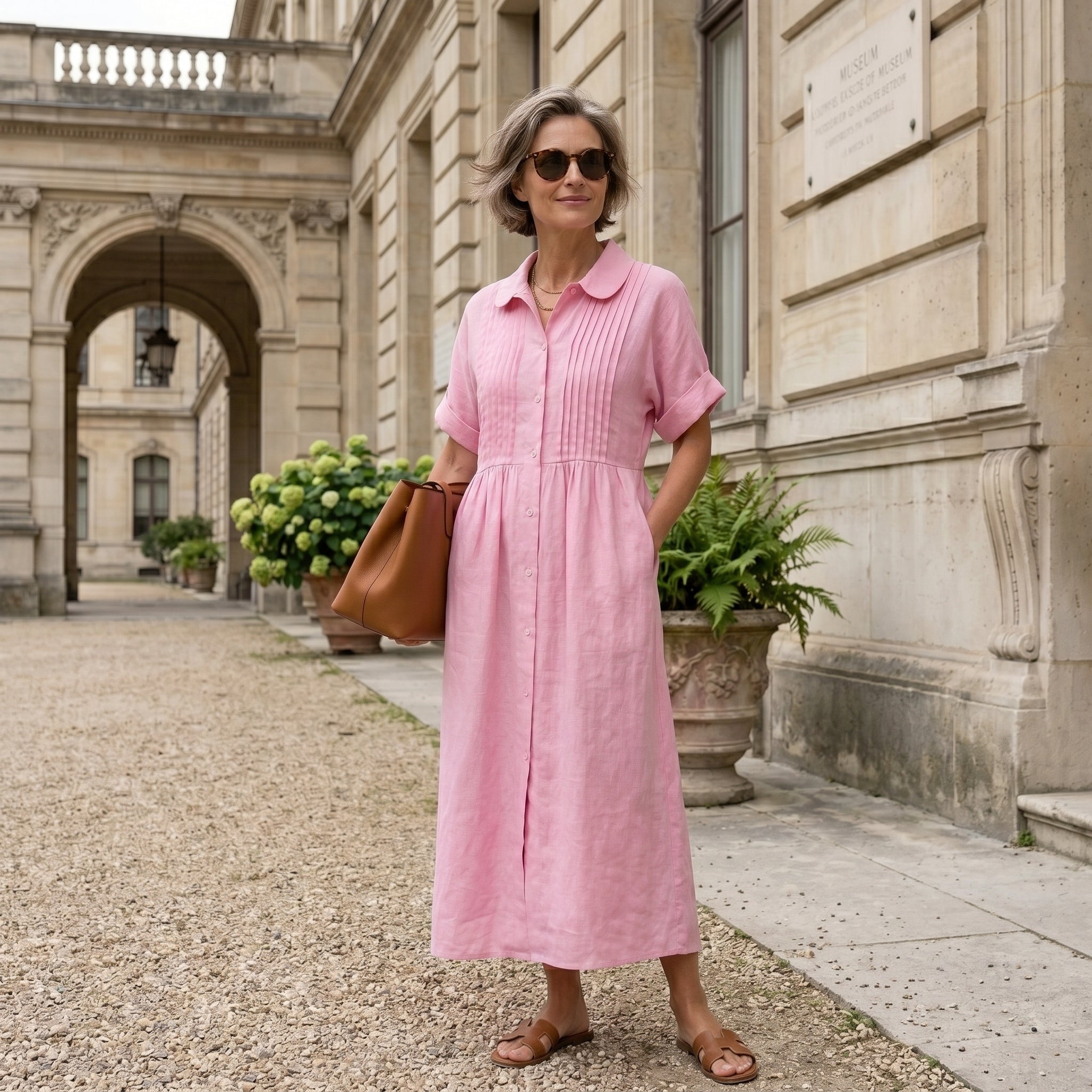 Helena - Vestido Linho Pregas e Botões