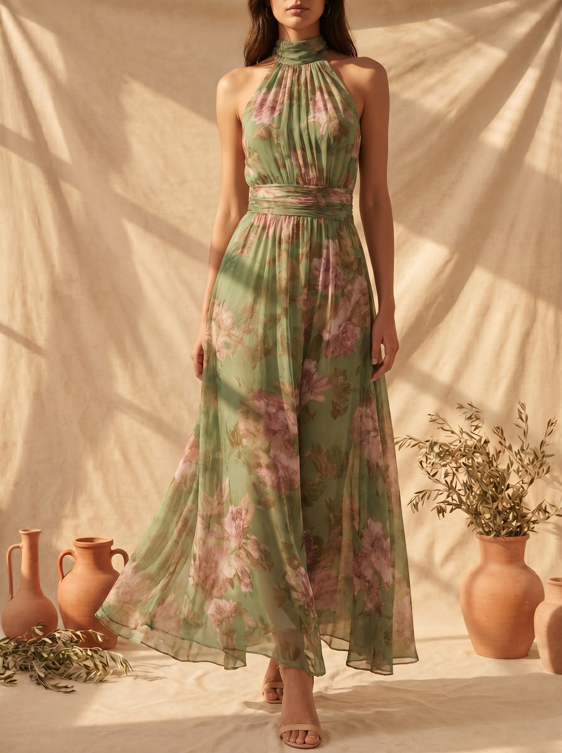 Bruna | Vestido Maxi Halter Floral Elegante