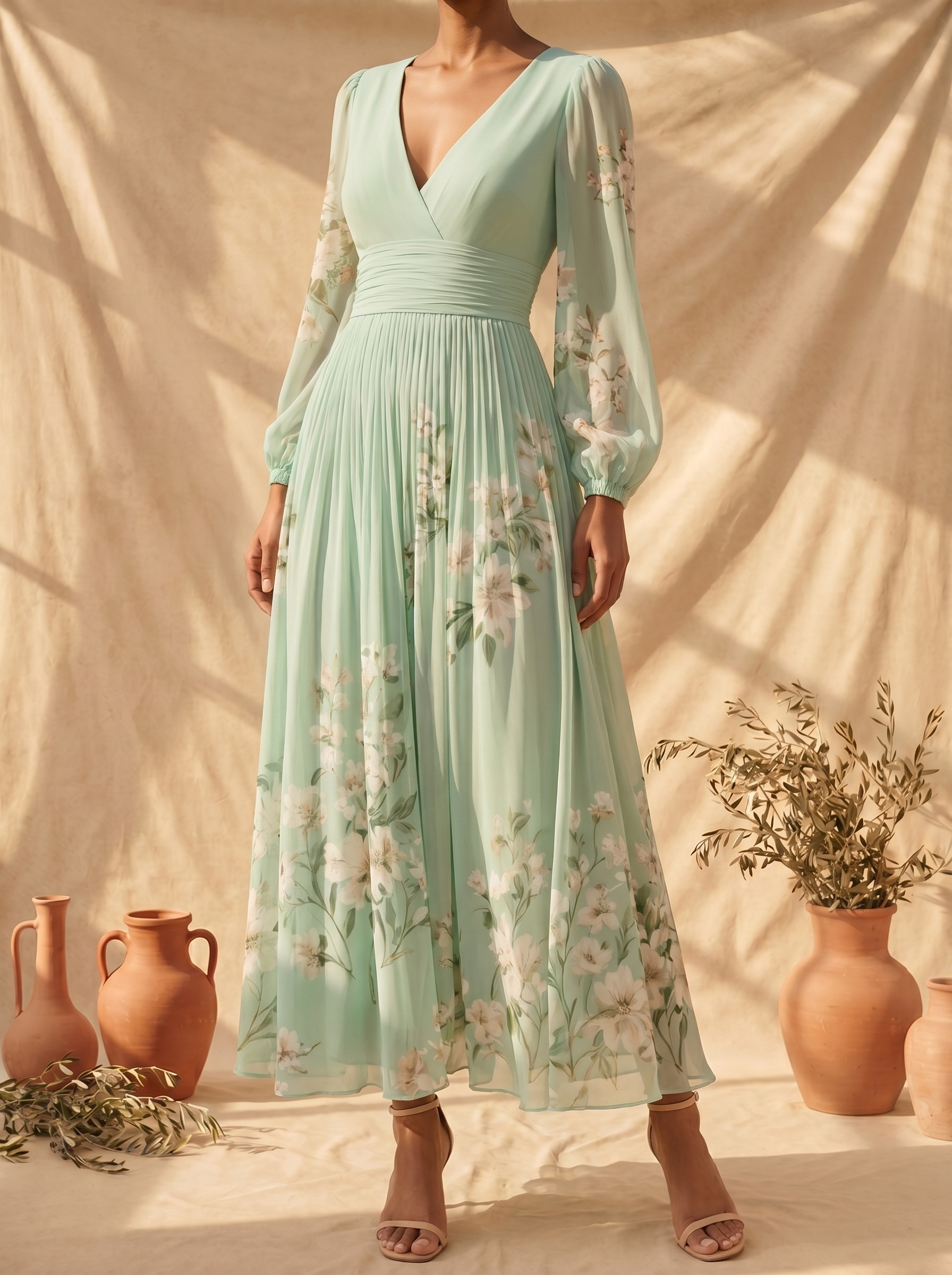 Constança | Vestido midi verde claro floral