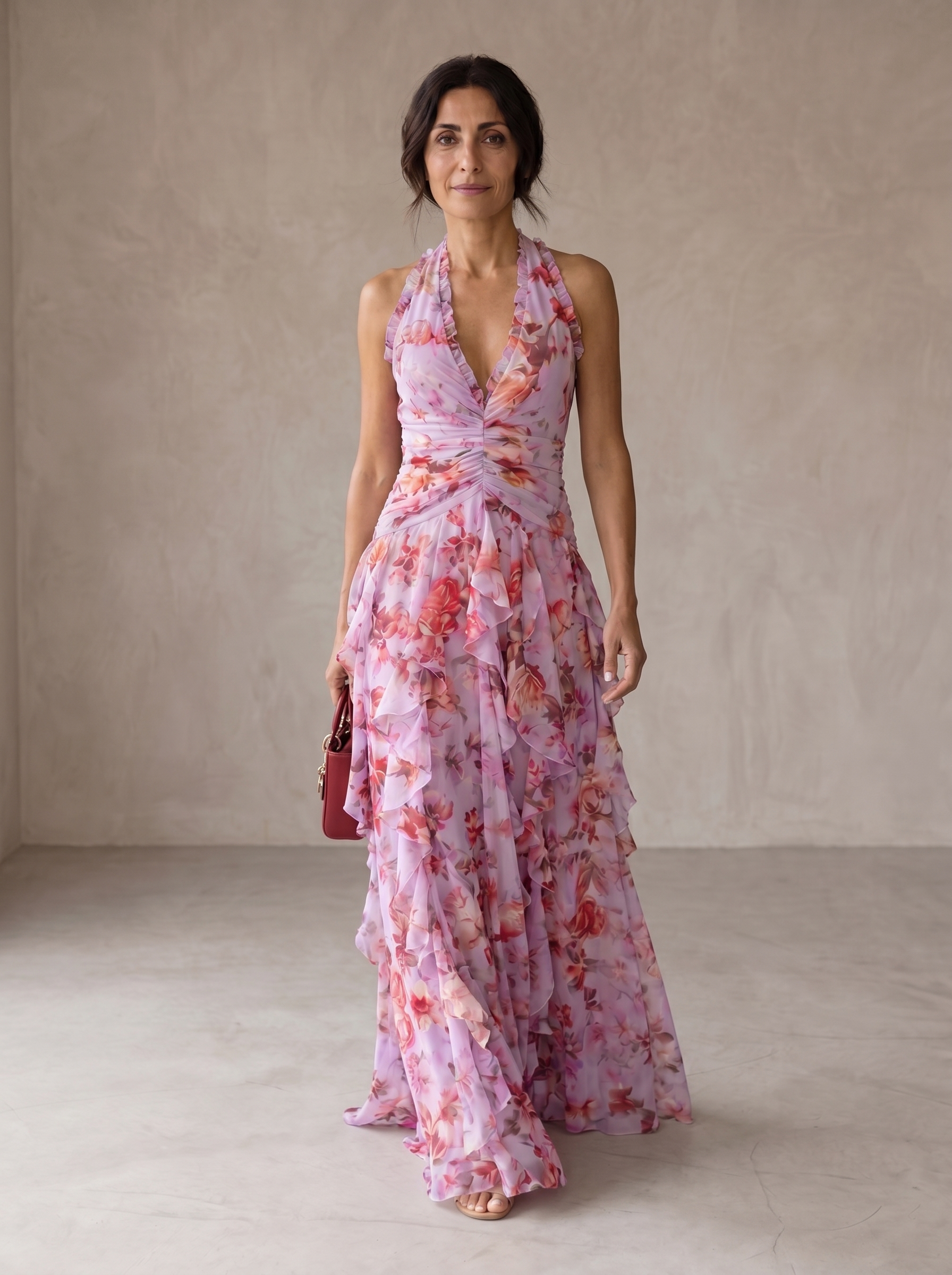 Bárbara | Romântica Cascata de Rosas Vestido Longo com Decote Americano