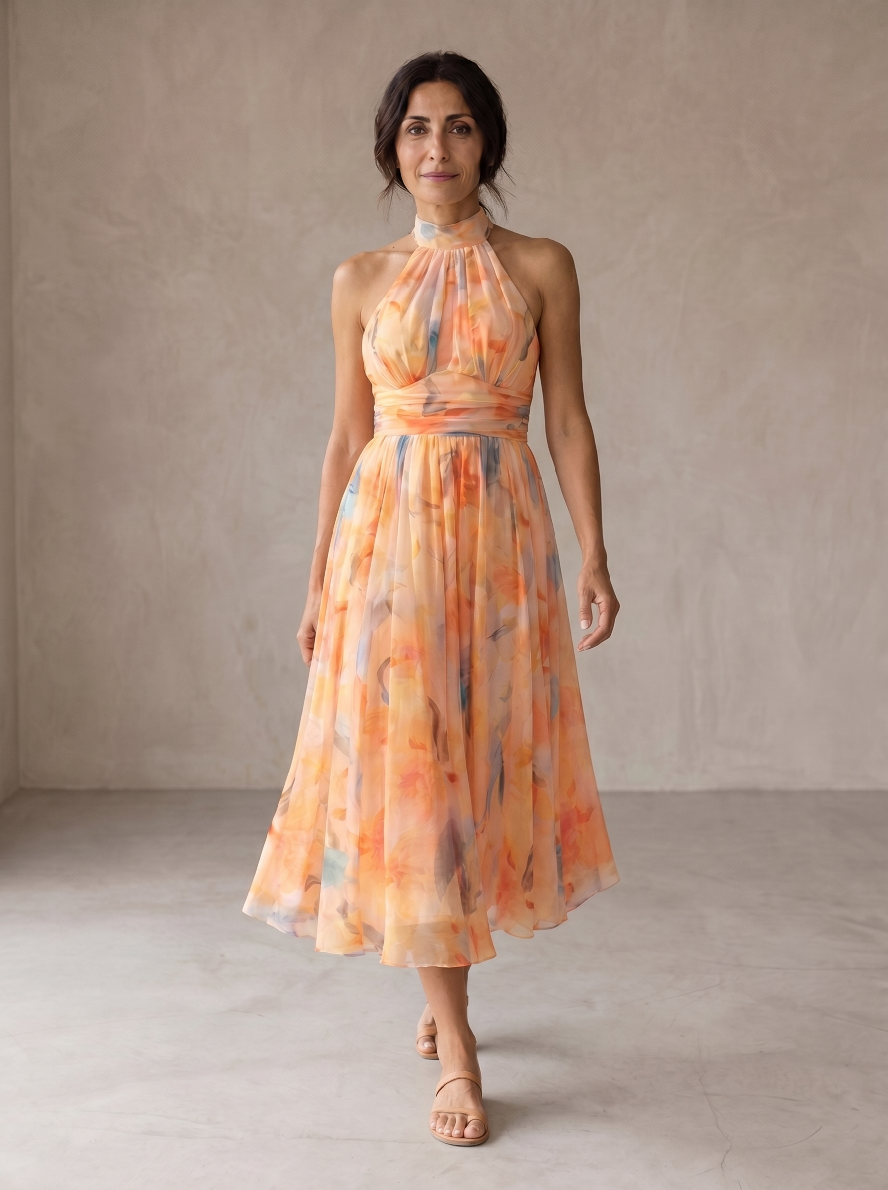 Camila | Vestido com Decote Halter e Estampa Aquarela
