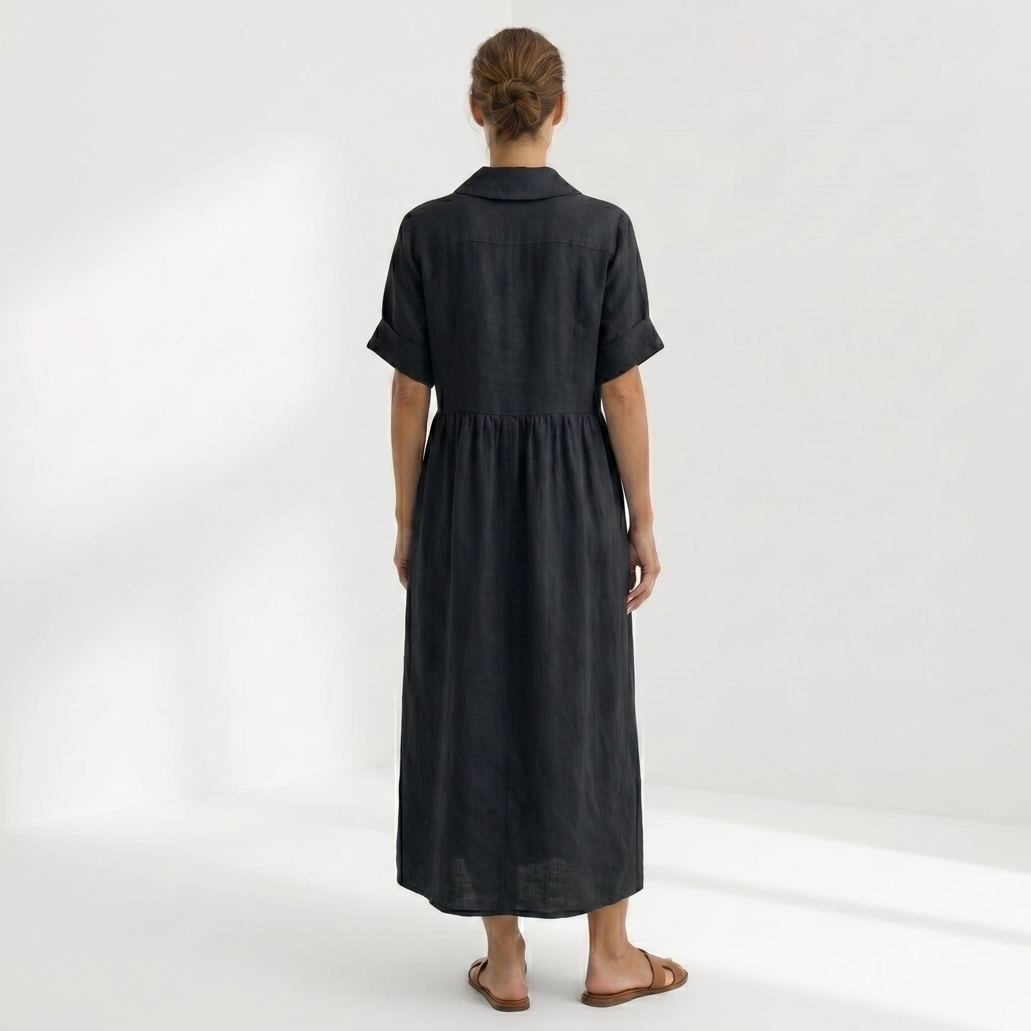 Helena - Vestido Linho Pregas e Botões