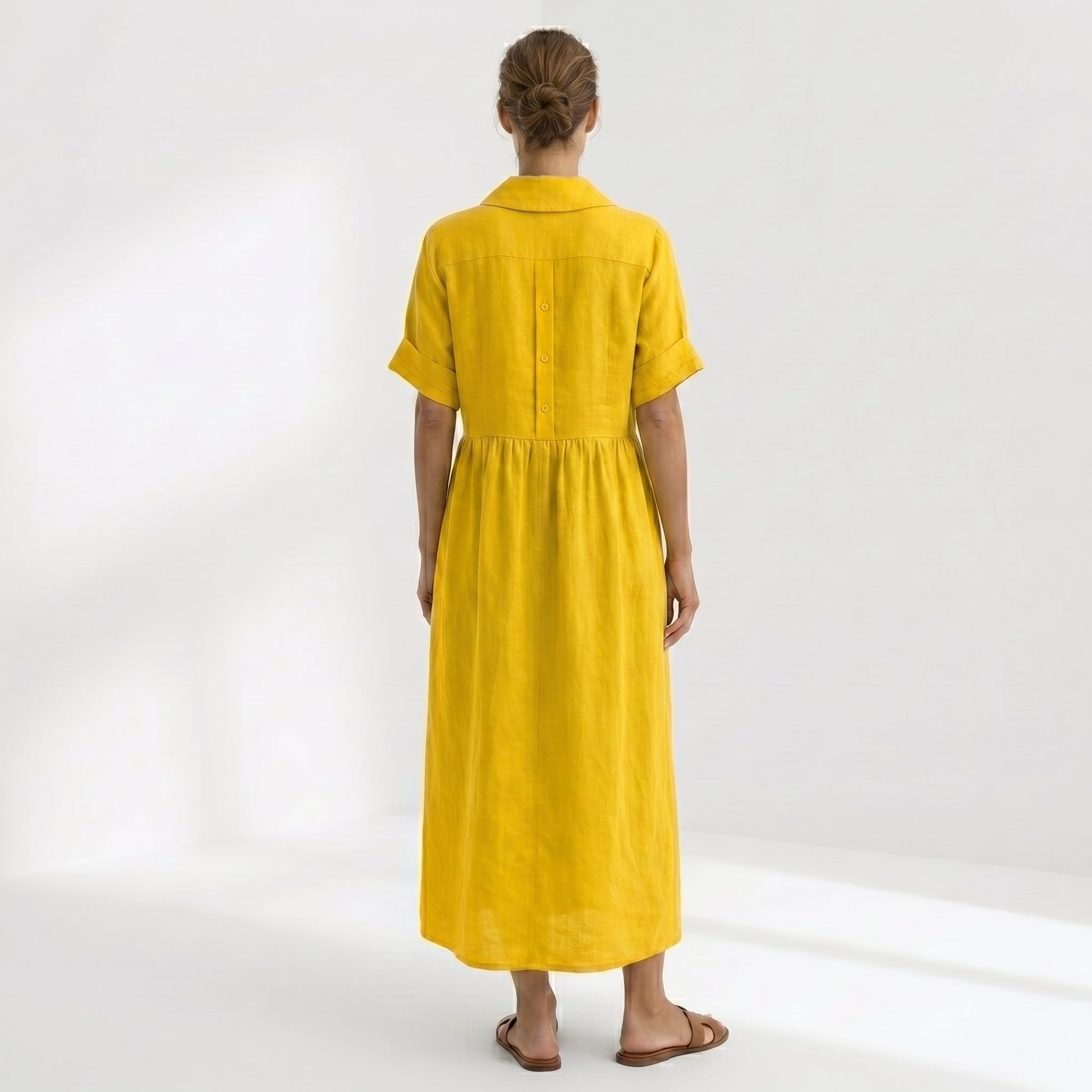 Helena - Vestido Linho Pregas e Botões