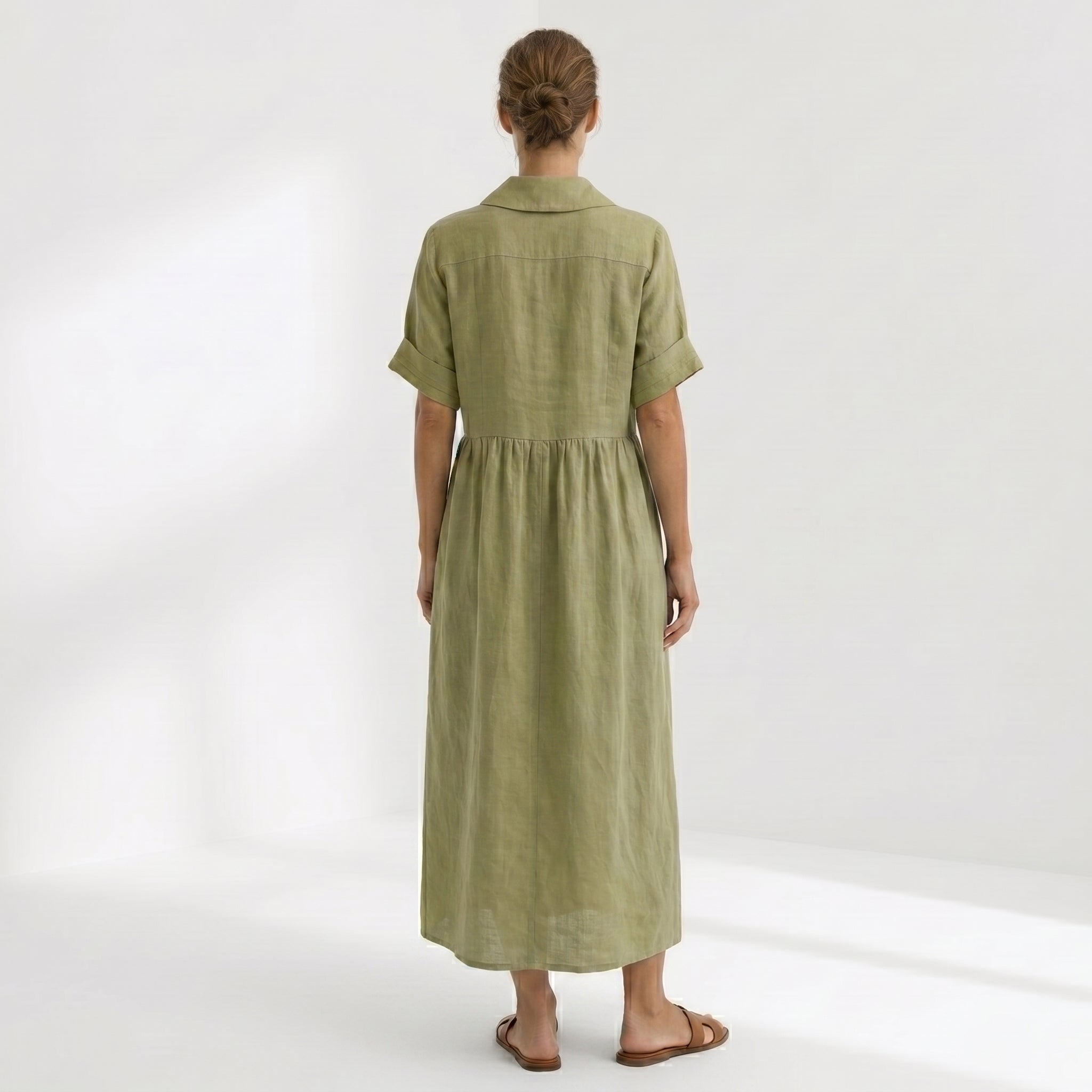 Helena - Vestido Linho Pregas e Botões